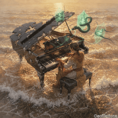 Surreal digital art of a woman with long brown ponytail in white blouse, orange scarf, and beige skirt playing a weathered black grand piano half-submerged in rippling golden-orange sunset water. Cracked lid shows golden strings;