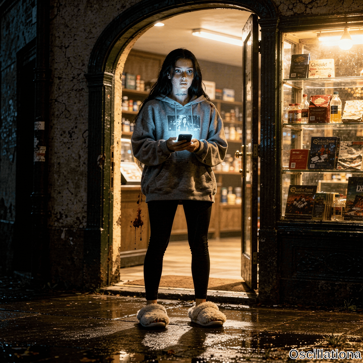 A startled woman with freckles and neck tattoo holds smartphone in doorway at night with blood on her grey hoodie and fuzzy slippers on wet pavement.
.