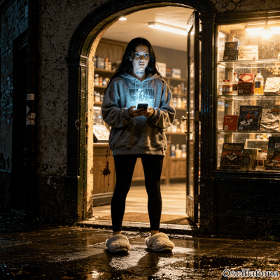 A startled woman with freckles and neck tattoo holds smartphone in doorway at night with blood on her grey hoodie and fuzzy slippers on wet pavement.
.
