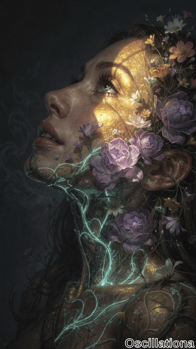 A woman's face and neck, partially visible with head tilted back and eyes looking upwards, exudes a serene and contemplative expression