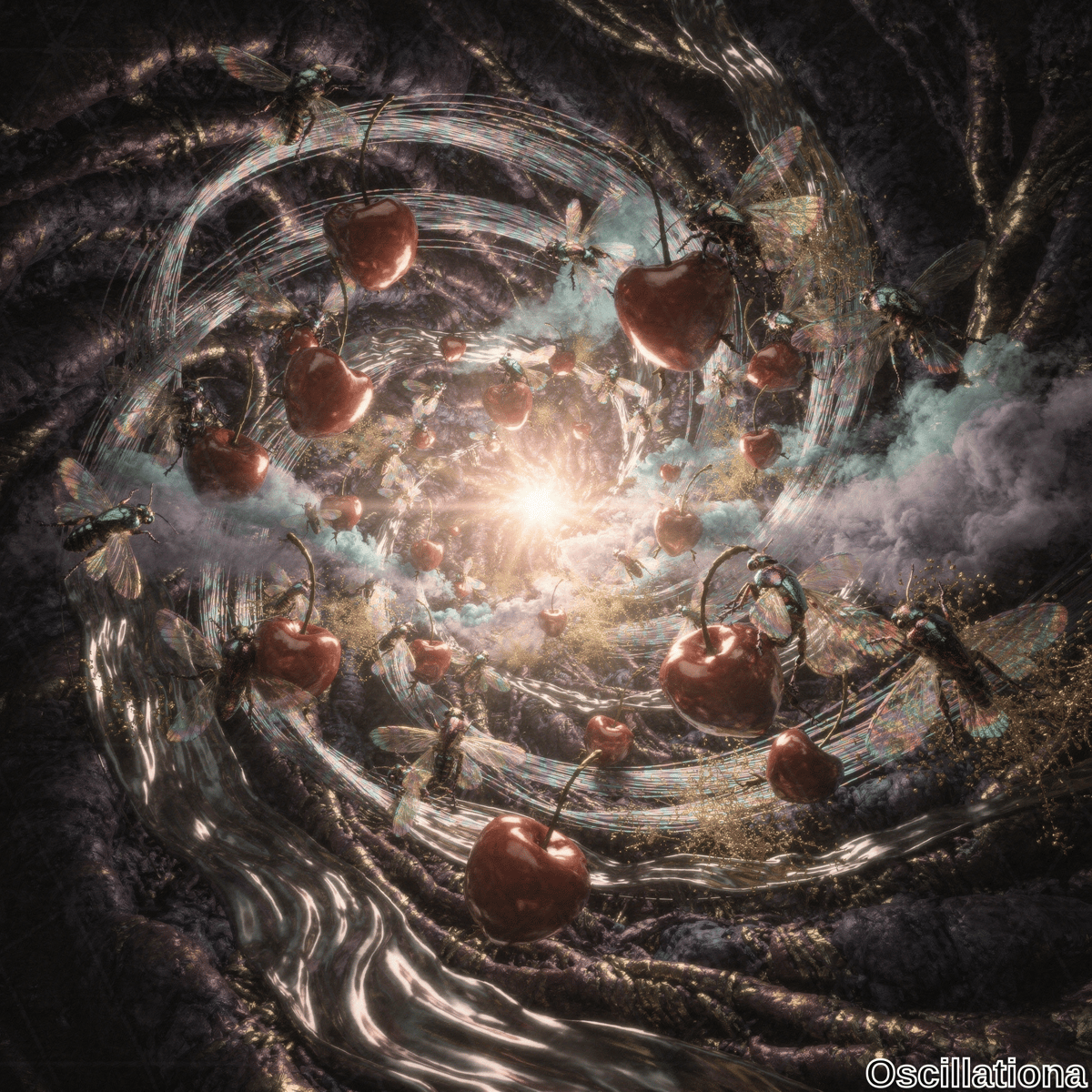 A surreal vortex swirls with deep purples and blues, centered by a bright golden light, suggesting a journey into another realm