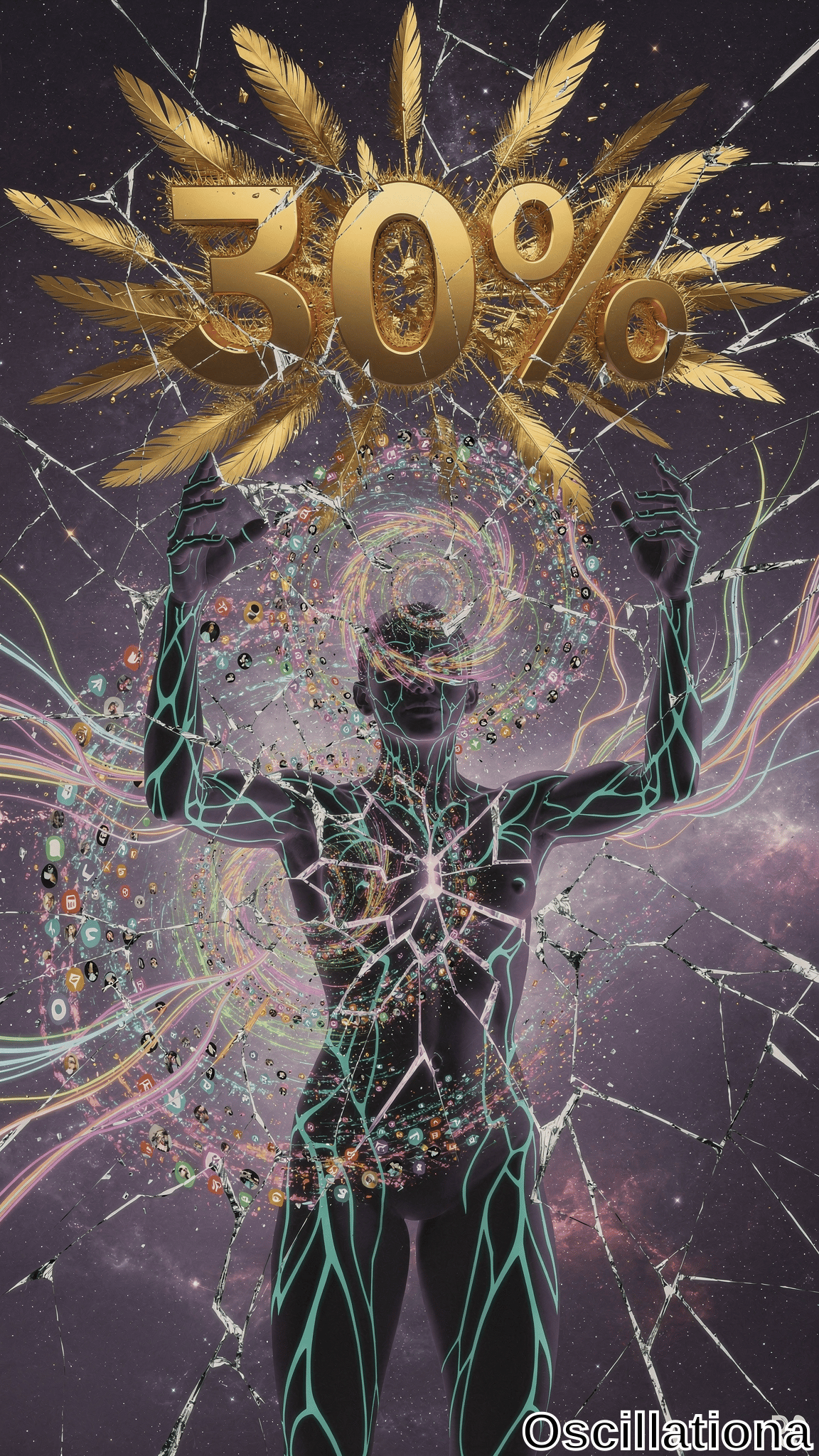A dark humanoid figure with glowing teal lines raises its arms before a swirling rainbow particle vortex, beneath large golden 30% text with feathers on a cracked purple nebula background.