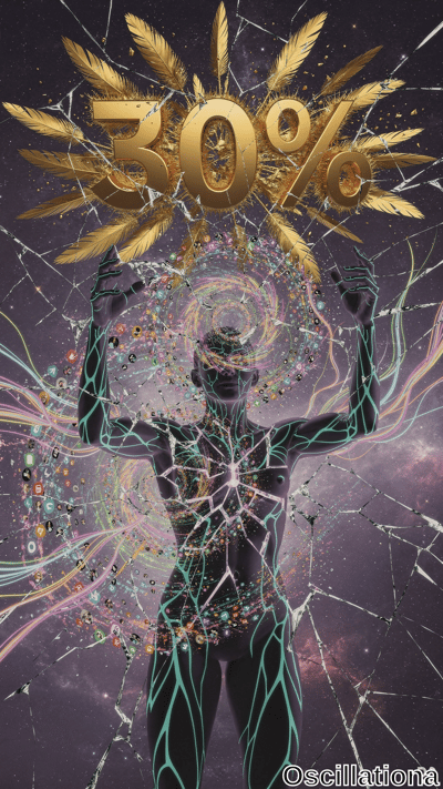 A dark humanoid figure with glowing teal lines raises its arms before a swirling rainbow particle vortex, beneath large golden 30% text with feathers on a cracked purple nebula background.
