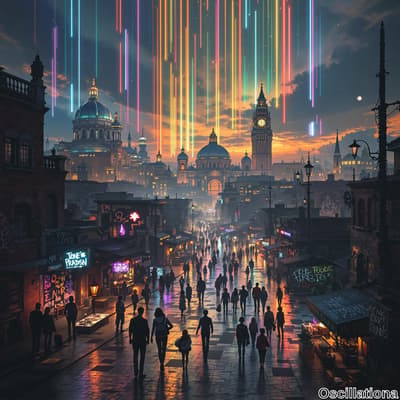 A vibrant urban scene at twilight with a diverse crowd walking on a wet, reflective street lit by neon signs.