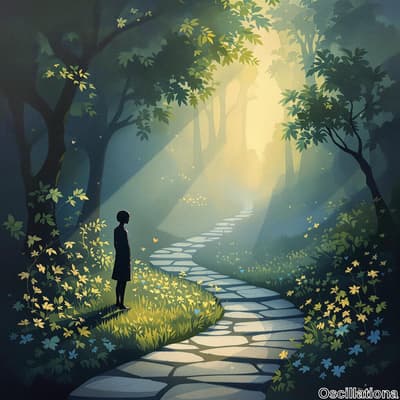 A serene landscape with a winding stone path through a lush green forest, illuminated by soft light filtering through trees.