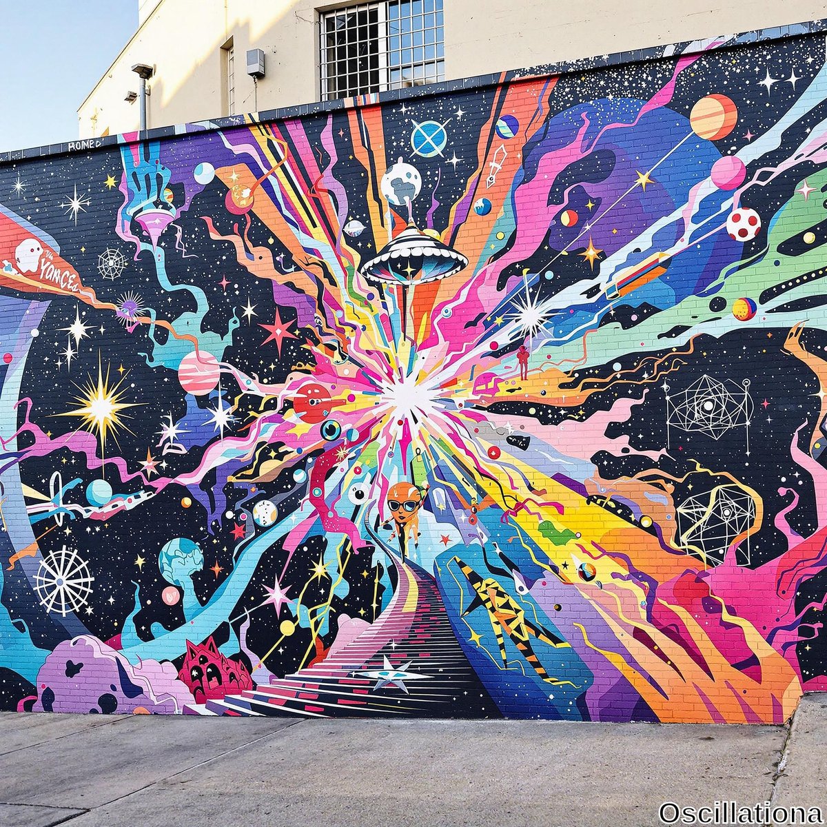 A vibrant mural on a brick building depicts a cosmic explosion of multicolored rays and abstract shapes, with planets, stars, and a UFO