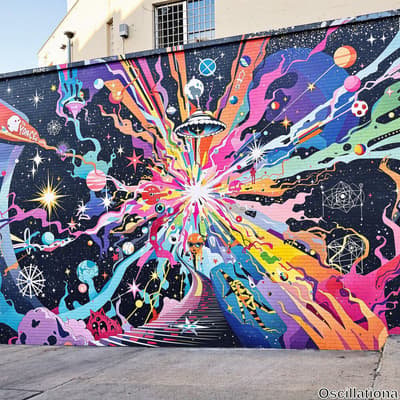 A vibrant mural on a brick building depicts a cosmic explosion of multicolored rays and abstract shapes, with planets, stars, and a UFO