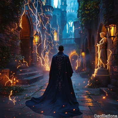A person in a dark blue robe with intricate lighter blue patterns walks down a narrow, cobblestone alley in a gothic castle, their long train flowing dramatically.
