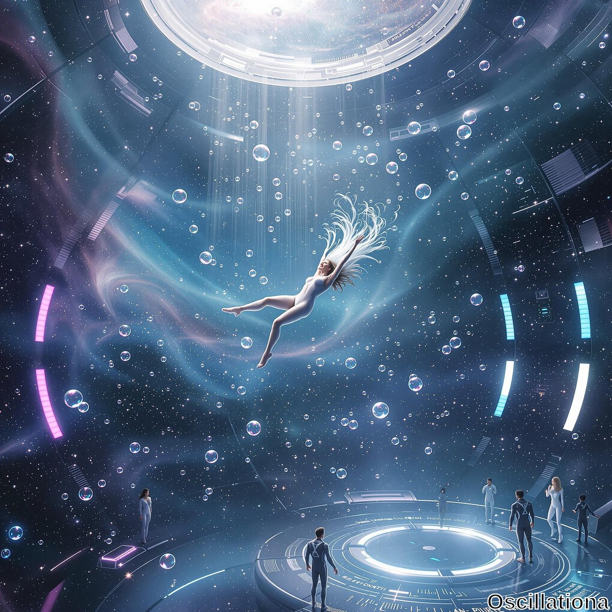 A woman in a white bodysuit gracefully floats in a zero-gravity, circular room illuminated by a celestial light from above, surrounded by translucent bubbles.