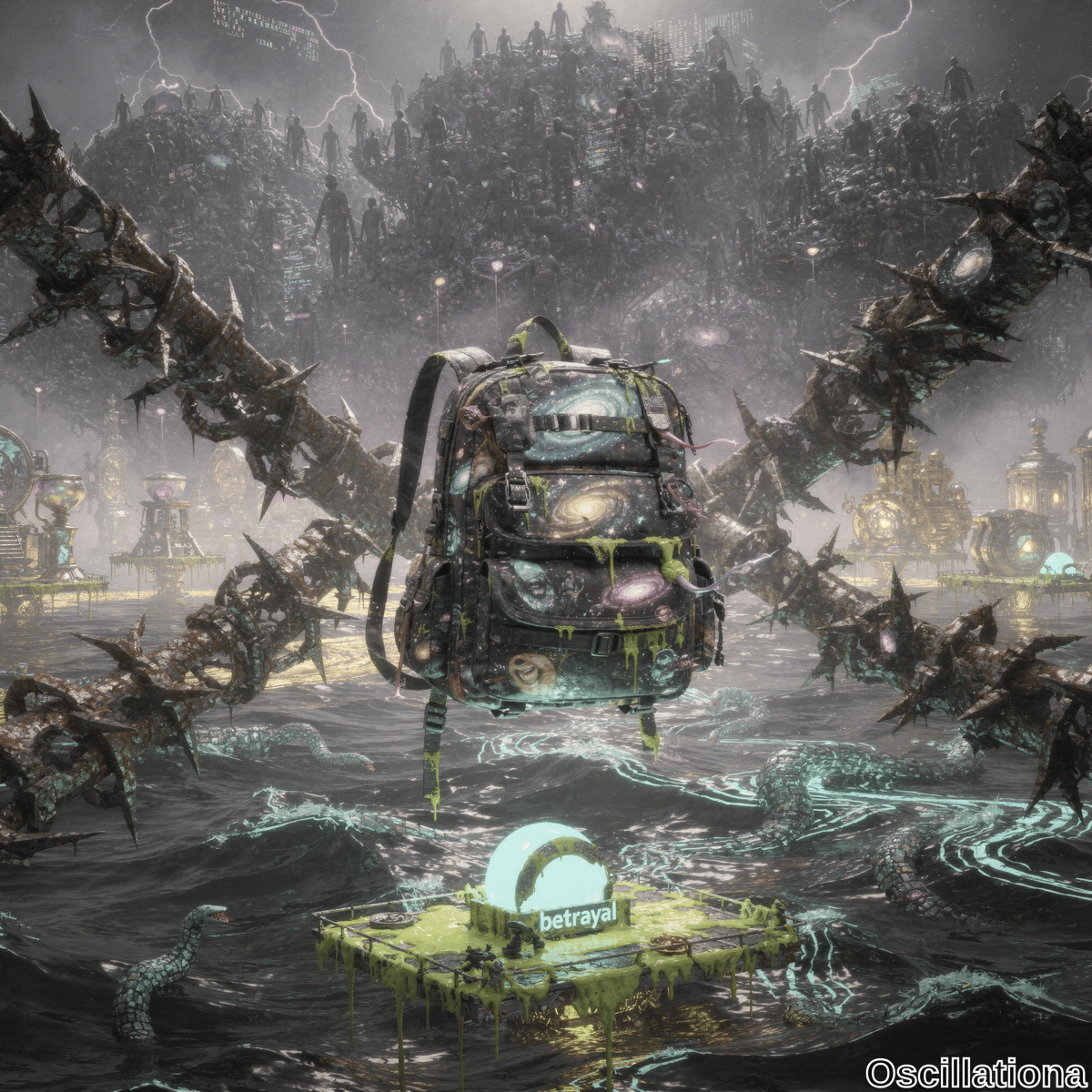 A surreal, dystopian scene with a dark, ominous atmosphere