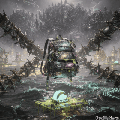 A surreal, dystopian scene with a dark, ominous atmosphere
