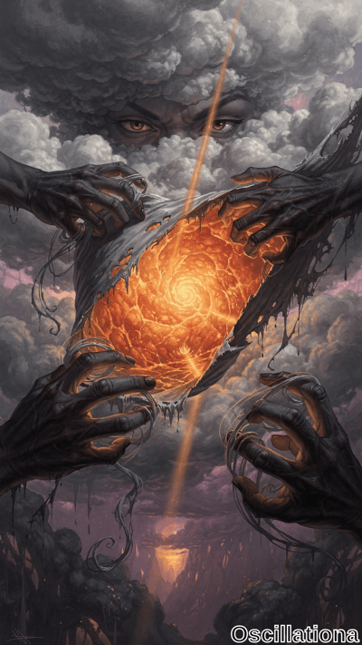 A surreal artwork depicting a large, glowing orange-red orb with a spiral vortex pattern, cracked open at the center