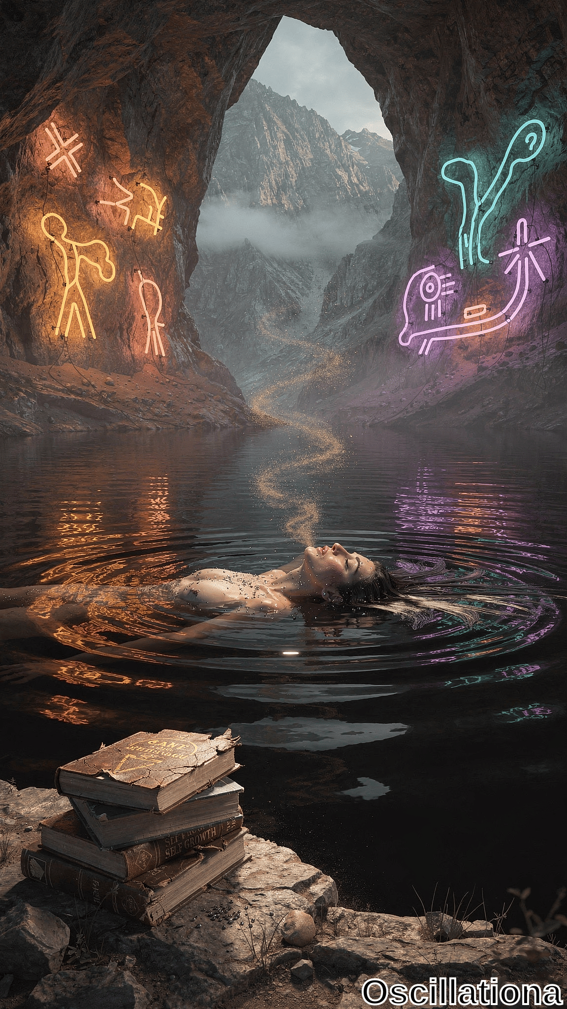 Surreal dreamlike digital art of nude woman with wet hair floating face-up relaxed in dark rippling purple-black cavern water, exhaling thin smoke trail, glistening skin under neon highlights. Glowing cave paintings of stick figures &