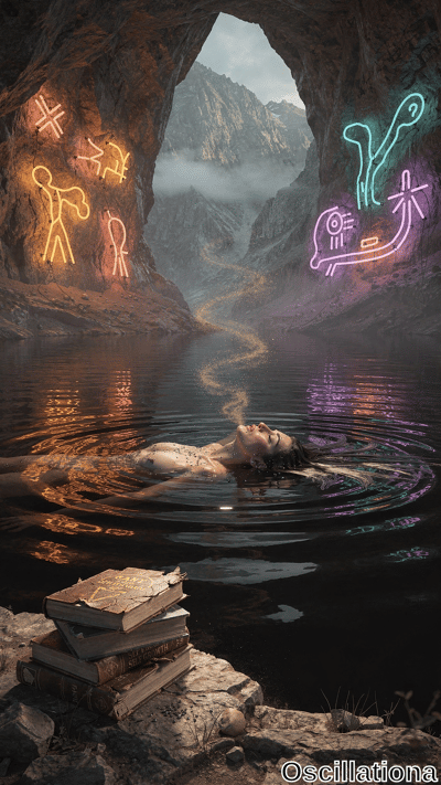 Surreal dreamlike digital art of nude woman with wet hair floating face-up relaxed in dark rippling purple-black cavern water, exhaling thin smoke trail, glistening skin under neon highlights. Glowing cave paintings of stick figures &