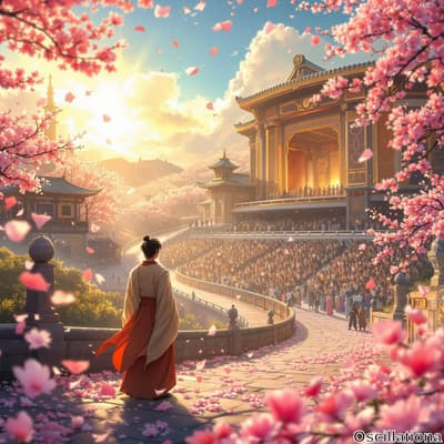A figure in traditional attire stands facing away, admiring a lively crowd before a golden-hued temple or theater.