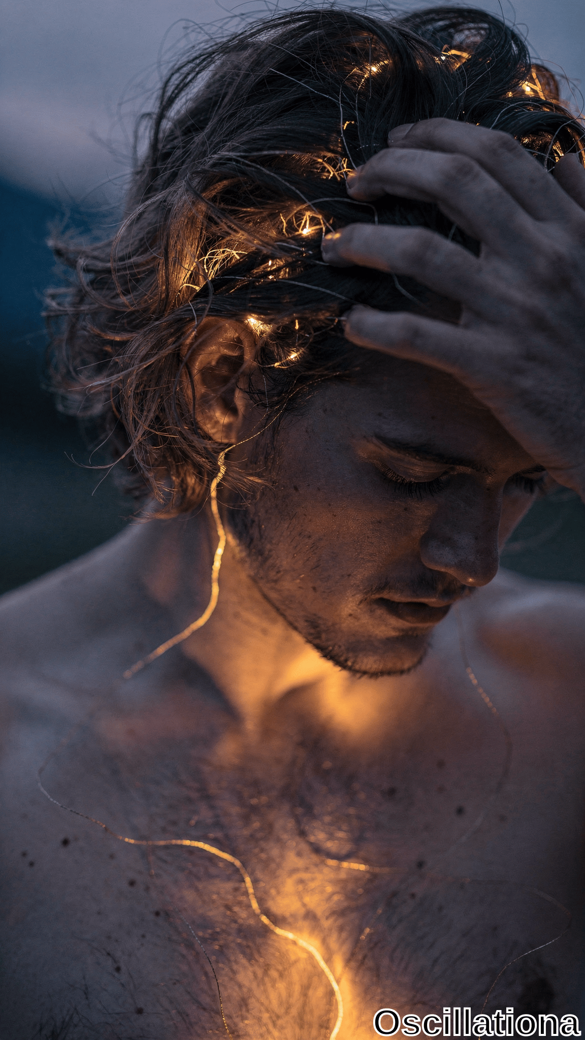 A shirtless man with wet tousled hair places his hand on his head, wrapped in thin glowing golden light strands that illuminate his face and chest against a dark twilight background.