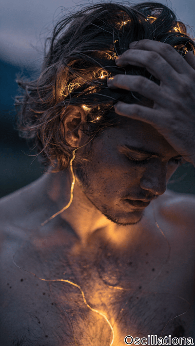 A shirtless man with wet tousled hair places his hand on his head, wrapped in thin glowing golden light strands that illuminate his face and chest against a dark twilight background.
