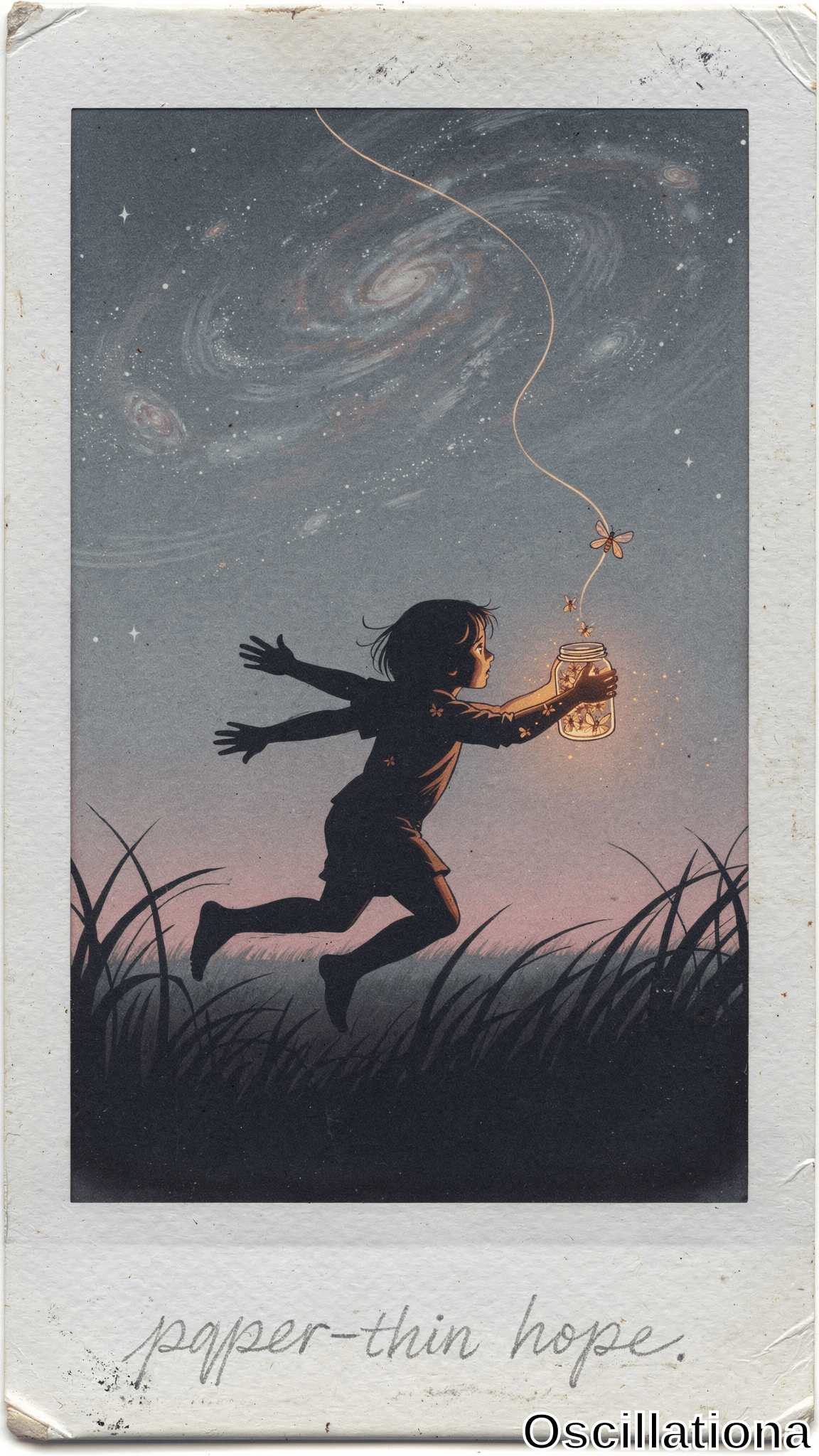 Vintage Polaroid-style print with worn off-white borders and aged texture shows a silhouetted short-haired child in t-shirt and shorts running rightward through tall dark green grasses at dusk, holding a glowing mason jar of tiny yellow