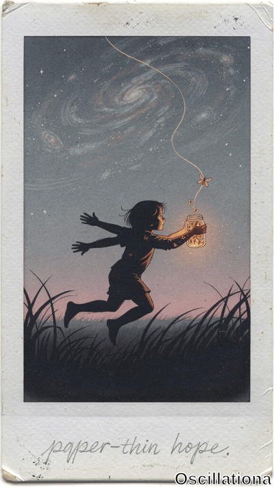 Vintage Polaroid-style print with worn off-white borders and aged texture shows a silhouetted short-haired child in t-shirt and shorts running rightward through tall dark green grasses at dusk, holding a glowing mason jar of tiny yellow