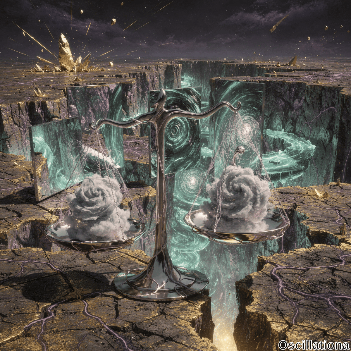 A surreal scene with a large metallic scale on a cracked, rocky surface above a deep chasm
