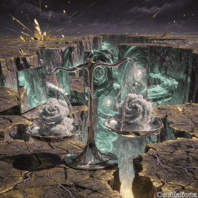 A surreal scene with a large metallic scale on a cracked, rocky surface above a deep chasm