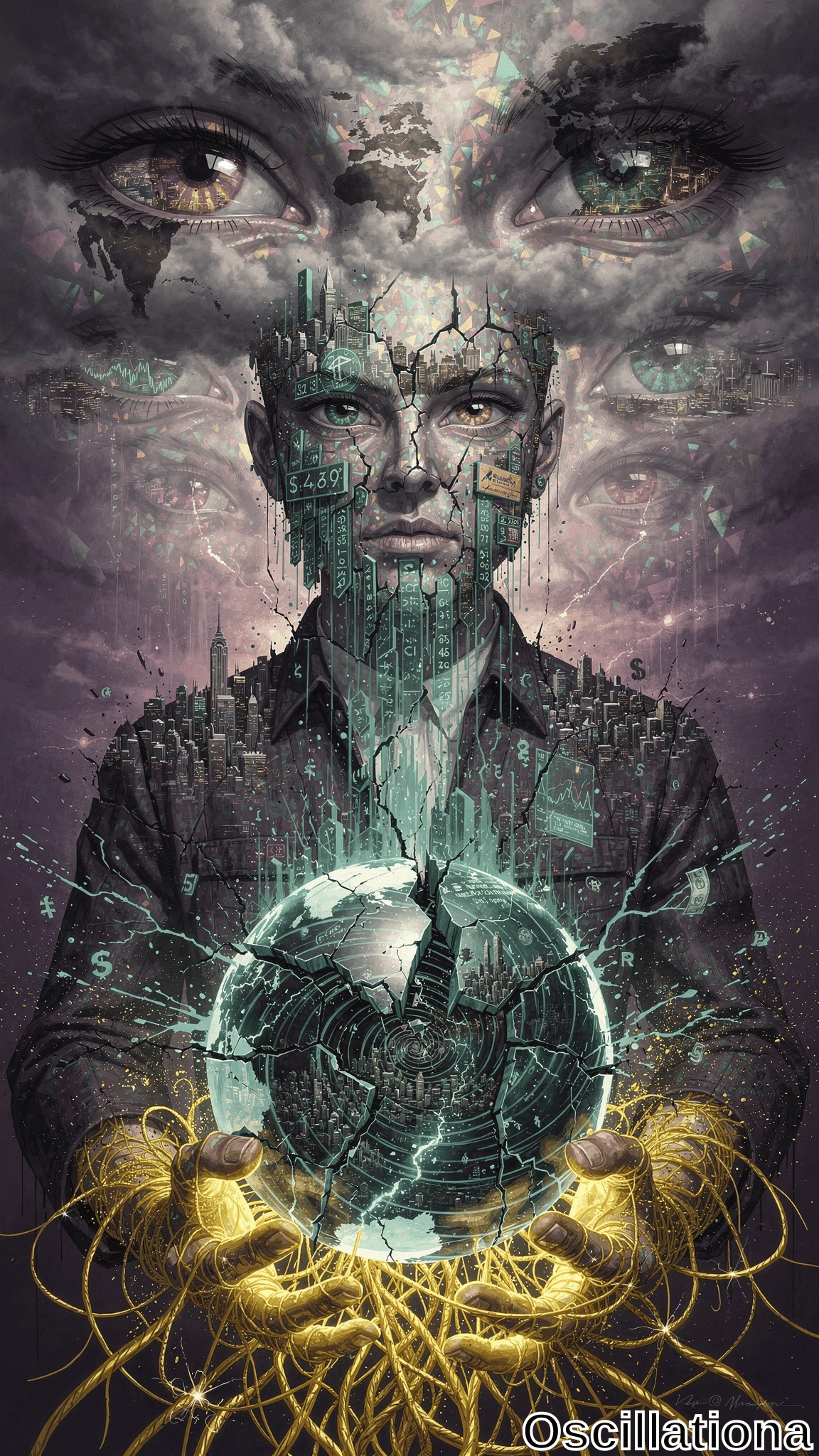 A surreal man whose cracked face merges with glowing city buildings holds a fractured luminous globe emitting yellow tendrils, watched by giant eyes in a stormy purple sky.