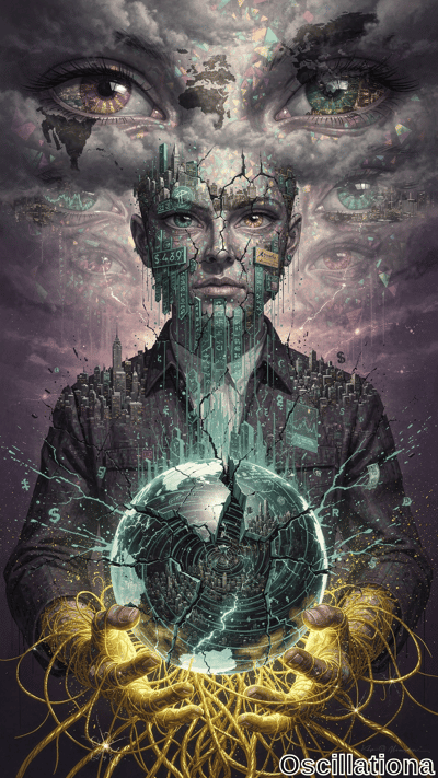 A surreal man whose cracked face merges with glowing city buildings holds a fractured luminous globe emitting yellow tendrils, watched by giant eyes in a stormy purple sky.