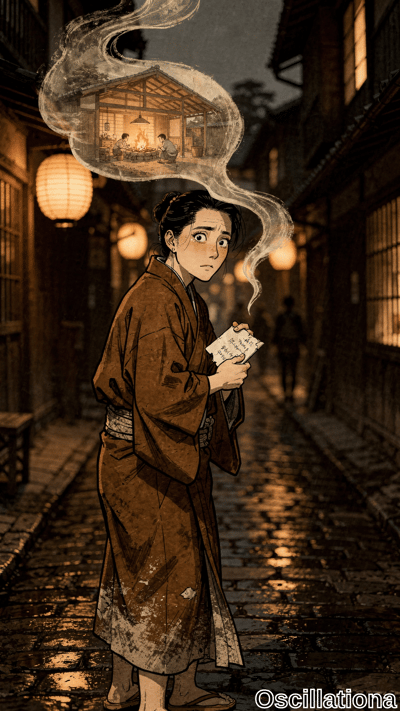Moody anime illustration of a teary-eyed youth in muddied brown kimono, profile view in rain-slicked Japanese alley at night. Orange lanterns glow on wet cobblestones; cigarette smoke forms ethereal bubble of sep