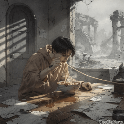 In a dimly lit post-apocalyptic room with cracked gray walls and debris floor, a young East Asian man in frayed taupe hoodie hunches at a wooden table, slurping steaming yellow noodles from a spilling white bowl amid