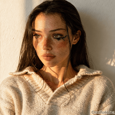 Intimate portrait of freckled young woman with long dark brown hair, smudged black eyeliner and cream sweater gazing pensively in warm golden sunlight. 
.