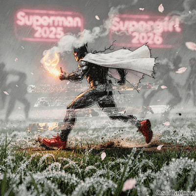 Comic-style digital art of Batman-like hero charging through rainy misty field in black armored suit, red-glowing bat-cowl eyes, tattered white cape, red sneakers splashing mud; holds fiery orange snarling bat flame. Dew
