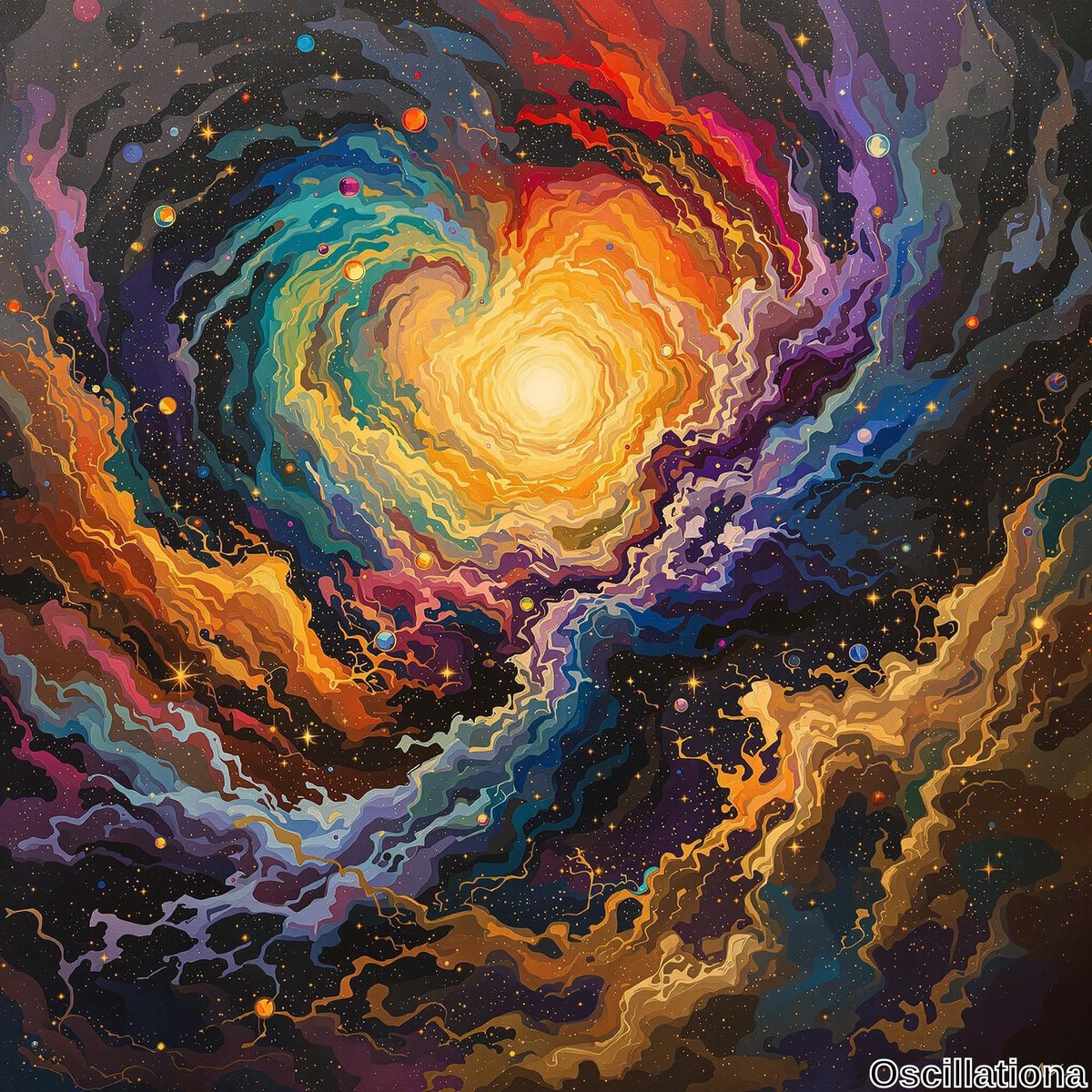 A vibrant abstract cosmic scene with a bright central light source resembling a star, emitting warm yellow and orange hues