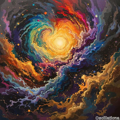 A vibrant abstract cosmic scene with a bright central light source resembling a star, emitting warm yellow and orange hues