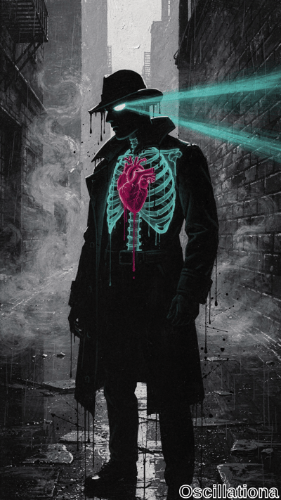 Silhouetted tall man in dripping fedora, trench coat, hands pocketed in narrow rain-slicked cyberpunk alley at night. Cyan eyes emit teal beams; cyan X-ray skeleton's ribs frame pulsing magenta-pink heart