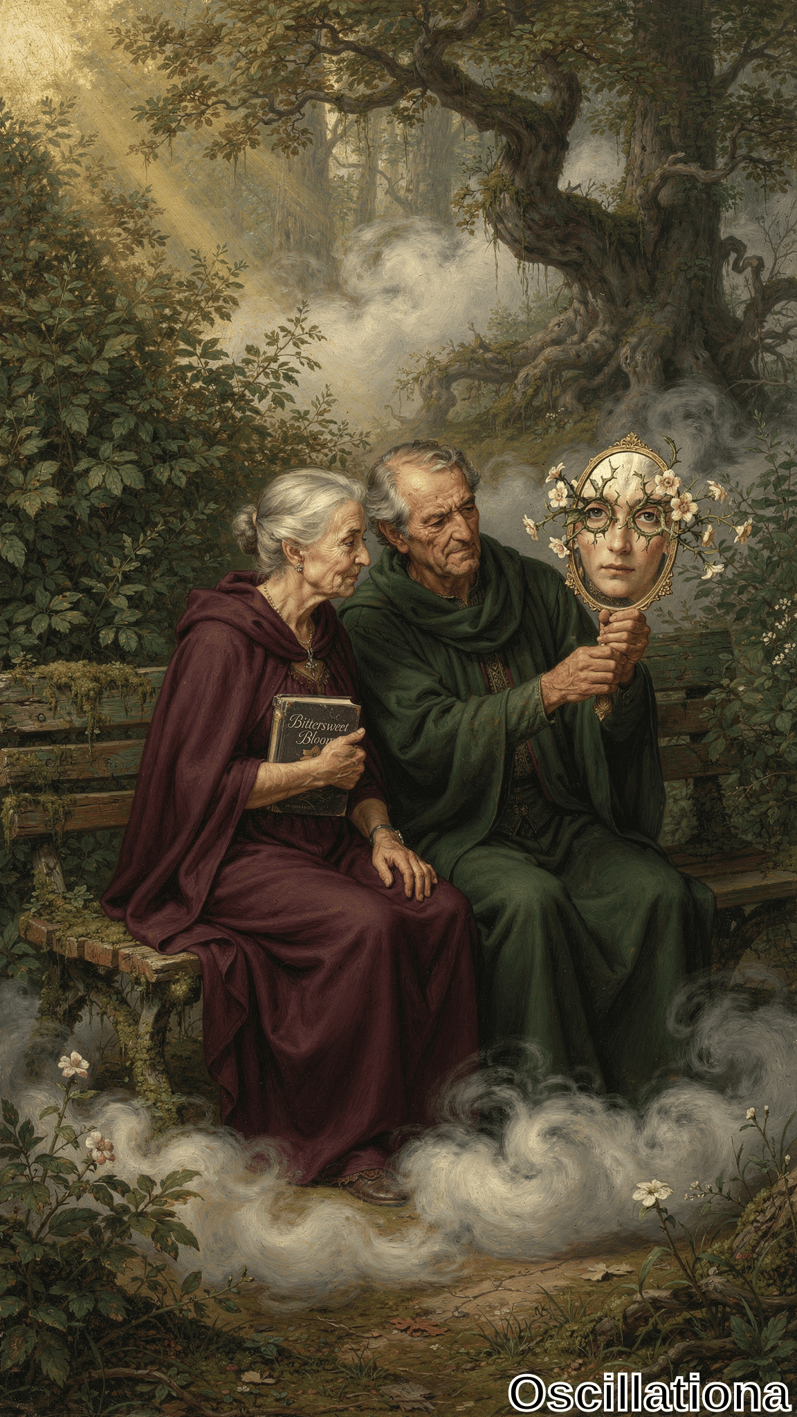 In a mystical forest glade with golden sunlight through mossy oaks and swirling mist, elderly woman in maroon robe holds "Bittersweet Bloom" book beside man in green robe grasping gold mirror reflecting youthful face with pink cheeks,