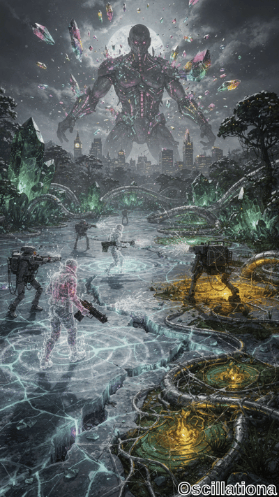 A colossal, dark robot with glowing red eyes and illuminated patterns towers over a dystopian cityscape amidst a storm of colorful crystalline shards, exuding chaos and power