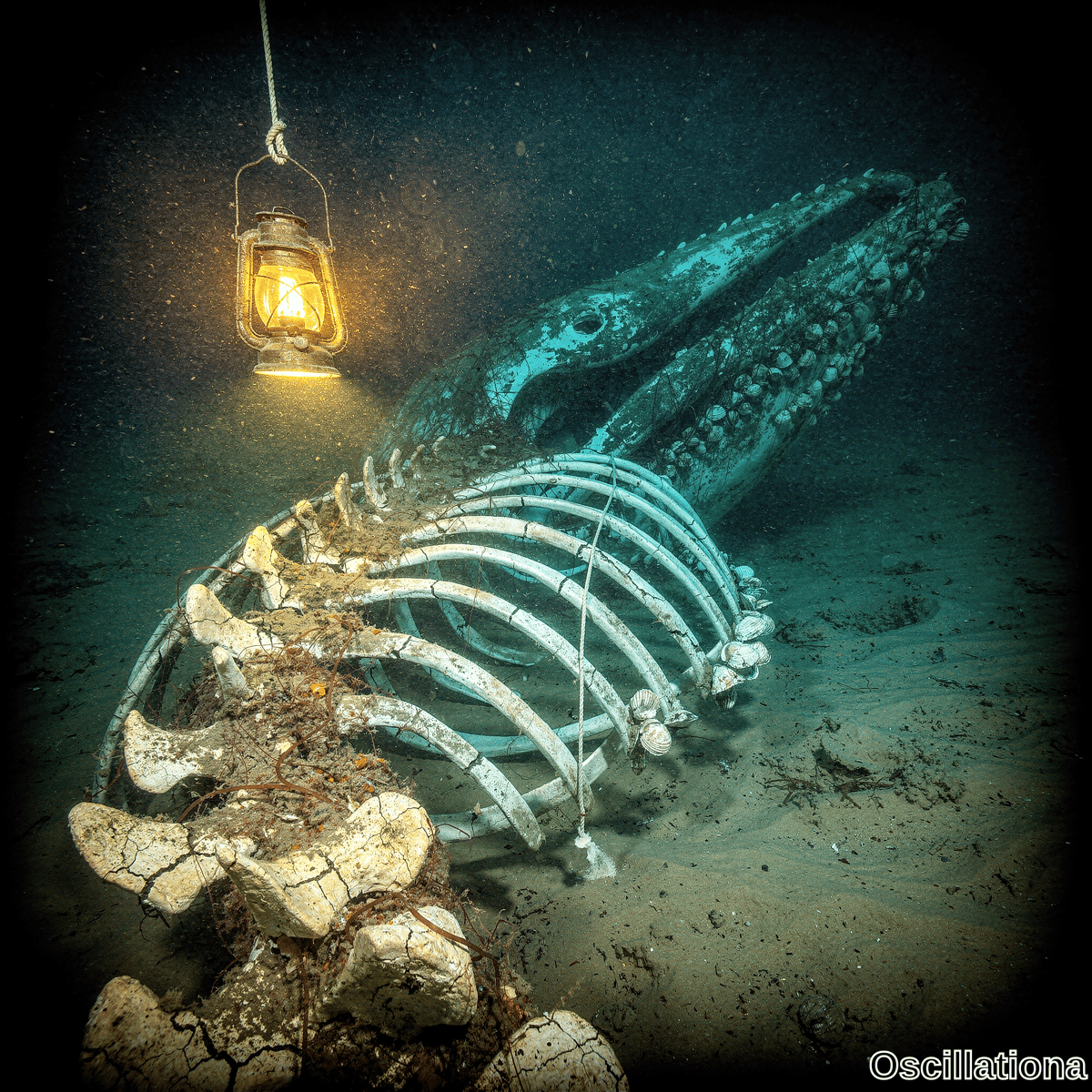 Cinematic underwater whale skeleton on sandy seabed with weathered rib cage spine partially buried in sediment with cracks red seaweed barnacles on skull and vintage lantern casting warm glow in dark blue. 
(The description has been worded and trimmed to