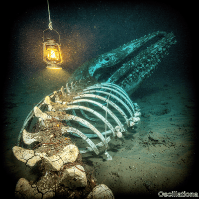 Cinematic underwater whale skeleton on sandy seabed with weathered rib cage spine partially buried in sediment with cracks red seaweed barnacles on skull and vintage lantern casting warm glow in dark blue. 
(The description has been worded and trimmed to