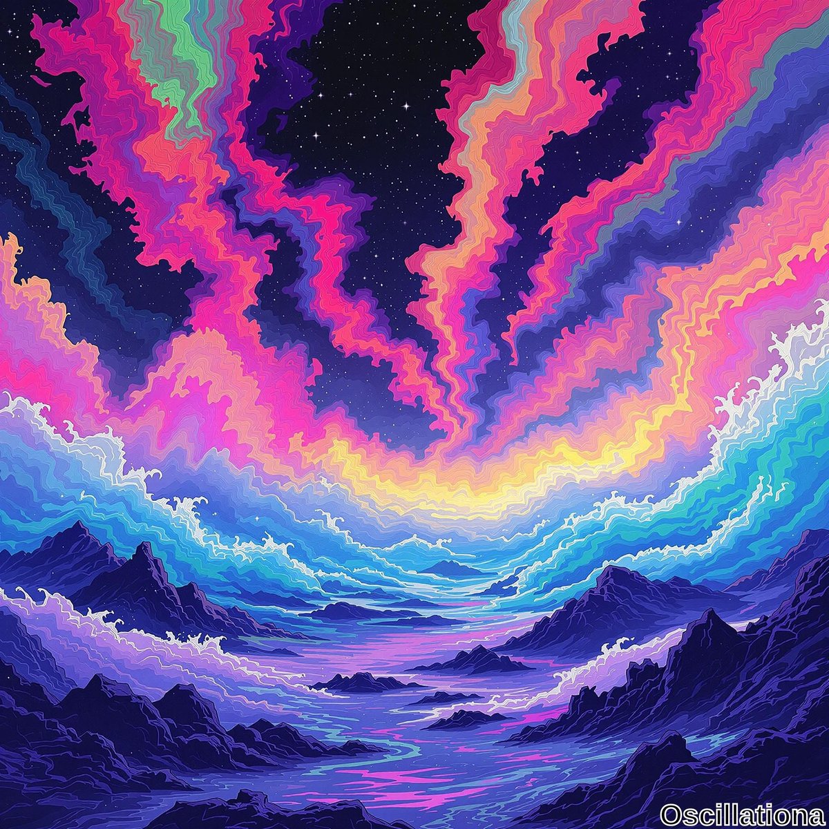A surreal landscape illustration with a dynamic, swirling sky in vivid pink, purple, orange, and green hues, resembling an aurora borealis