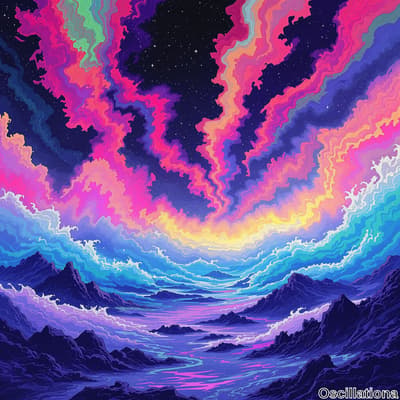 A surreal landscape illustration with a dynamic, swirling sky in vivid pink, purple, orange, and green hues, resembling an aurora borealis