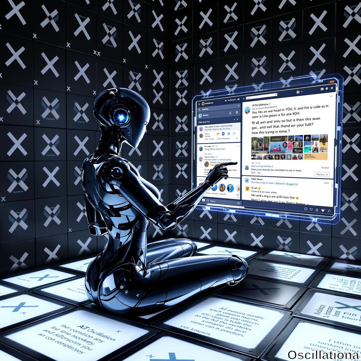 A sleek, black humanoid robot with blue glowing eyes interacts with a floating digital screen in a high-tech room.