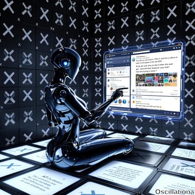 A sleek, black humanoid robot with blue glowing eyes interacts with a floating digital screen in a high-tech room.