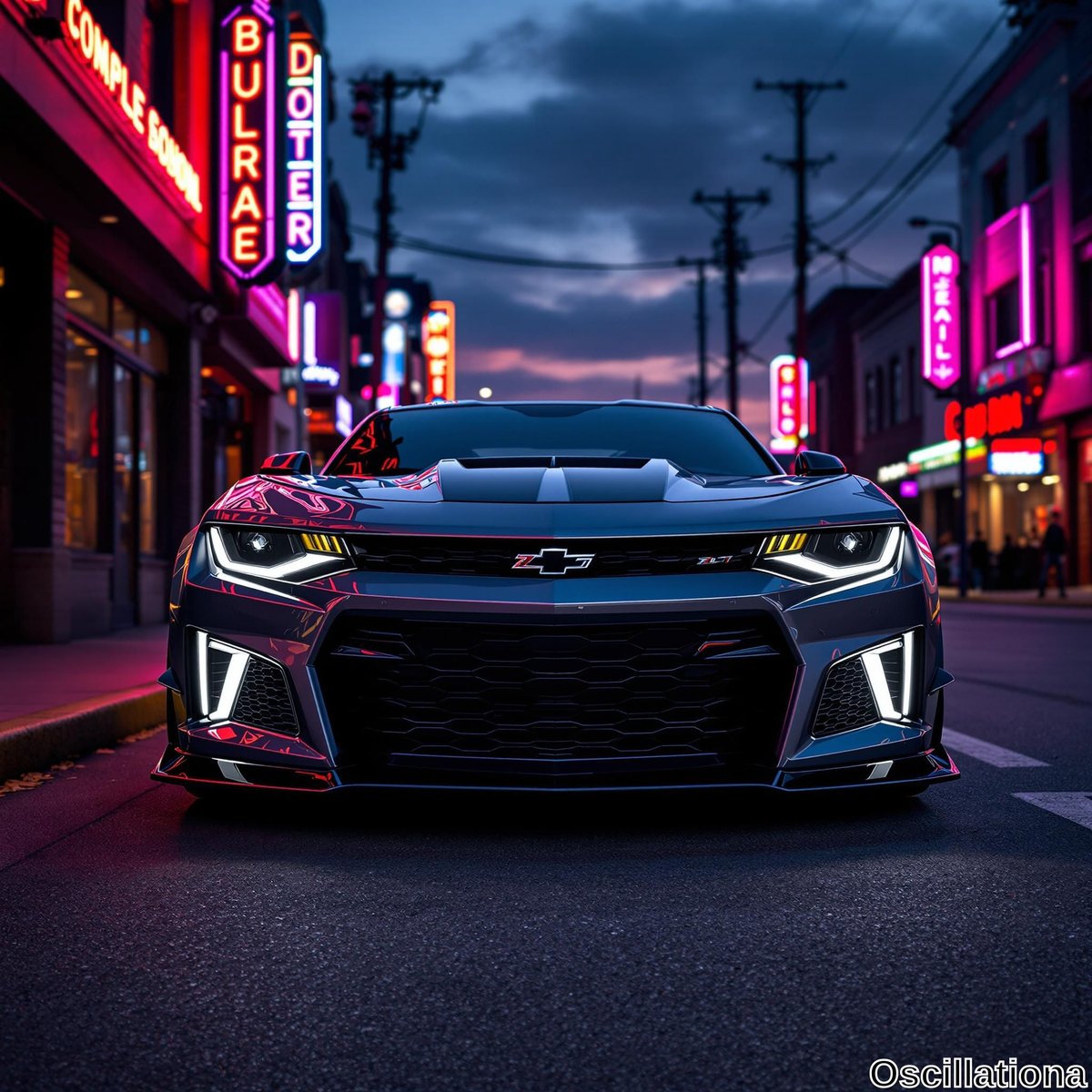 A dark blue or black Chevrolet Camaro ZL1 with sharp LED headlights and a bold front grille is showcased on a city street at dusk.