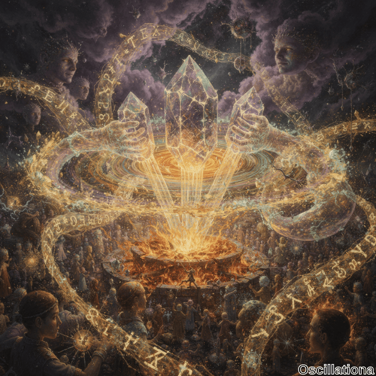 Three large, glowing golden crystals held by ethereal hands emit beams of light that converge into a fiery, circular portal surrounded by flames