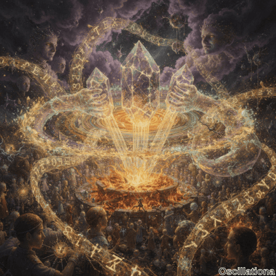 Three large, glowing golden crystals held by ethereal hands emit beams of light that converge into a fiery, circular portal surrounded by flames