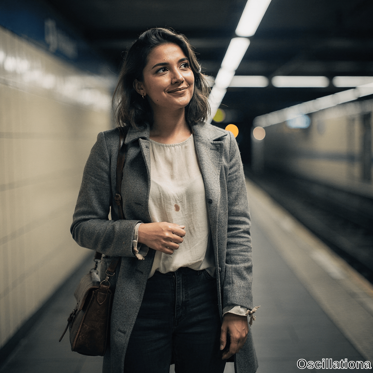 A young woman with dark wavy hair stands on subway platform in gray coat holding satchel with subtle smile gazing right against blurred bokeh lights. 
The modern metro station features white tiled walls, overhead lighting and train tracks creating cinematic