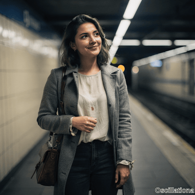 A young woman with dark wavy hair stands on subway platform in gray coat holding satchel with subtle smile gazing right against blurred bokeh lights. 
The modern metro station features white tiled walls, overhead lighting and train tracks creating cinematic