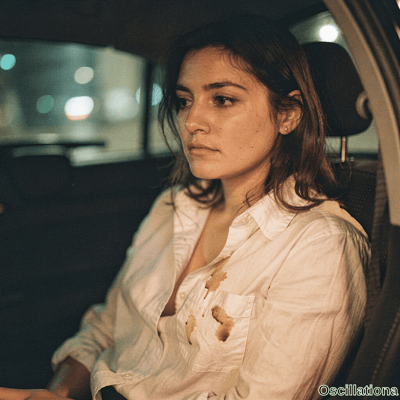 A somber young woman with dark wavy hair sits in a car at night gazing left with a weary moist face and stained shirt under warm lighting with bokeh. 
The cinematic moody scene has dramatic side light on her against dark interior