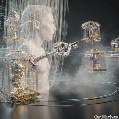 A translucent white bust holds an ornate key, symbolizing unlocking secrets, surrounded by golden cages with humanoid figures, all suspended on a circular platform in a dark, misty environment