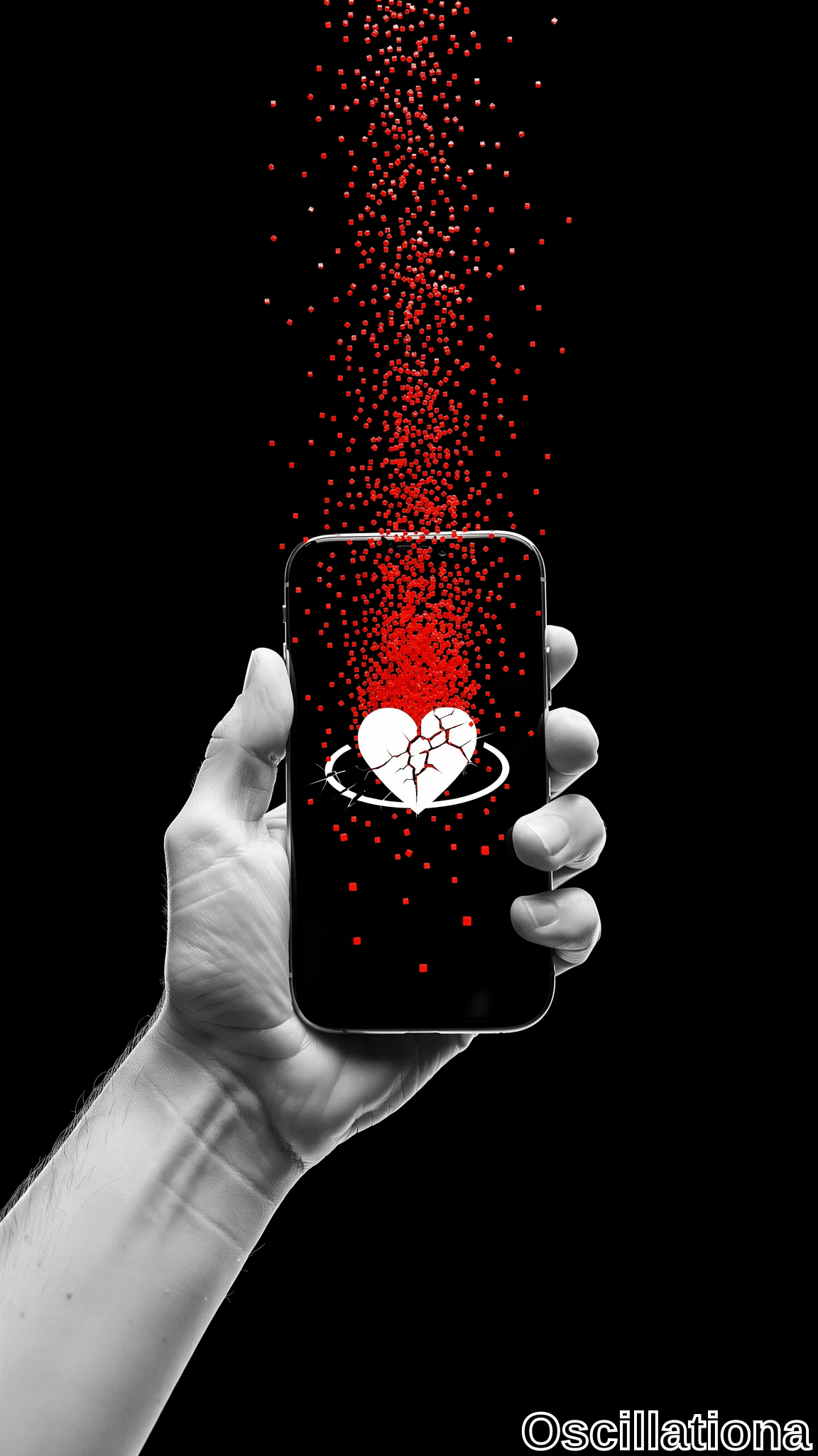 A monochrome hand holds a smartphone against a black background, its screen displaying a white cracked heart encircled by a ring as red particles stream upward from the device.